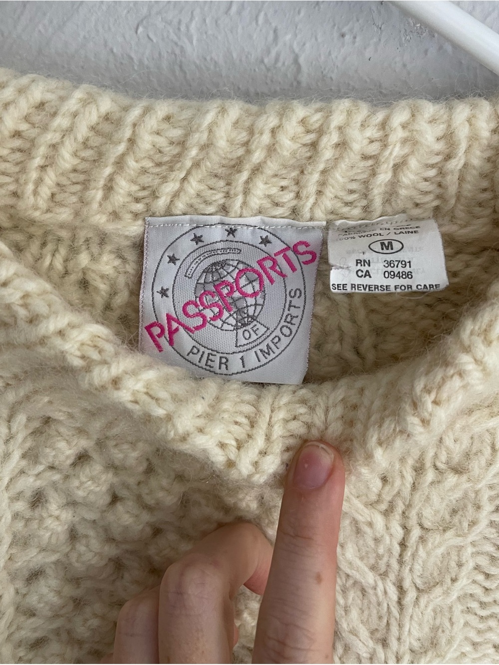 Vintage Passports of Pier 1 Hand-knit Wool Fisherman’s Cable-knit Sweater - Picture 4 of 6